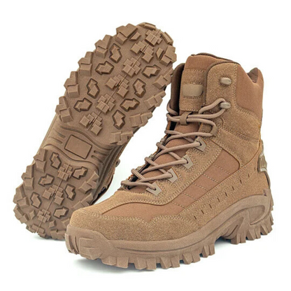 Botas táticas de alto desempenho com design robusto e sola exterior antiderrapante para homem. 