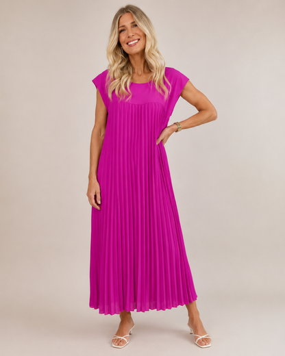 Vestido comprido plissado com mangas franzidas