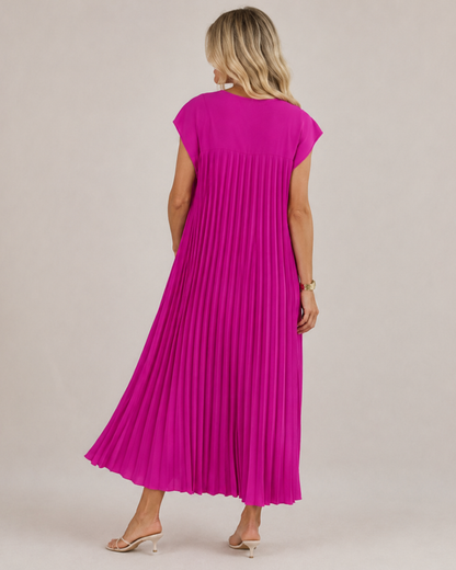 Vestido comprido plissado com mangas franzidas