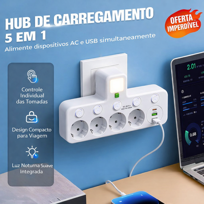 Tomada múltipla com interruptores independentes e luz de presença.
