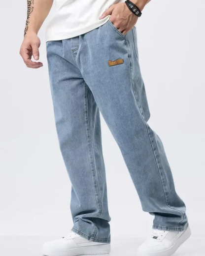 Calça de ganga comprida com cintura ajustável para homem 