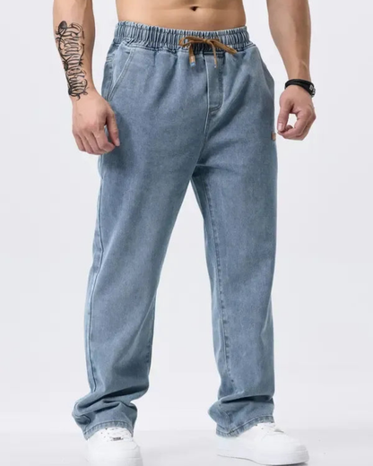 Calça de ganga comprida com cintura ajustável para homem 