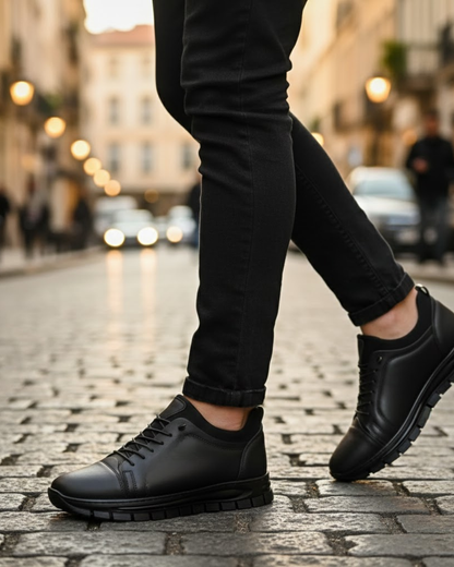 Sapatos desportivos de couro. Leves, confortáveis ​​e resistentes. Costuras. Para uso doméstico. 