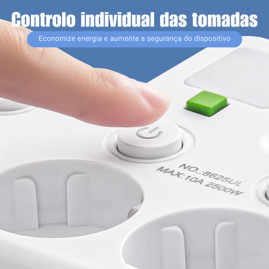 Tomada múltipla com interruptores independentes e luz de presença.