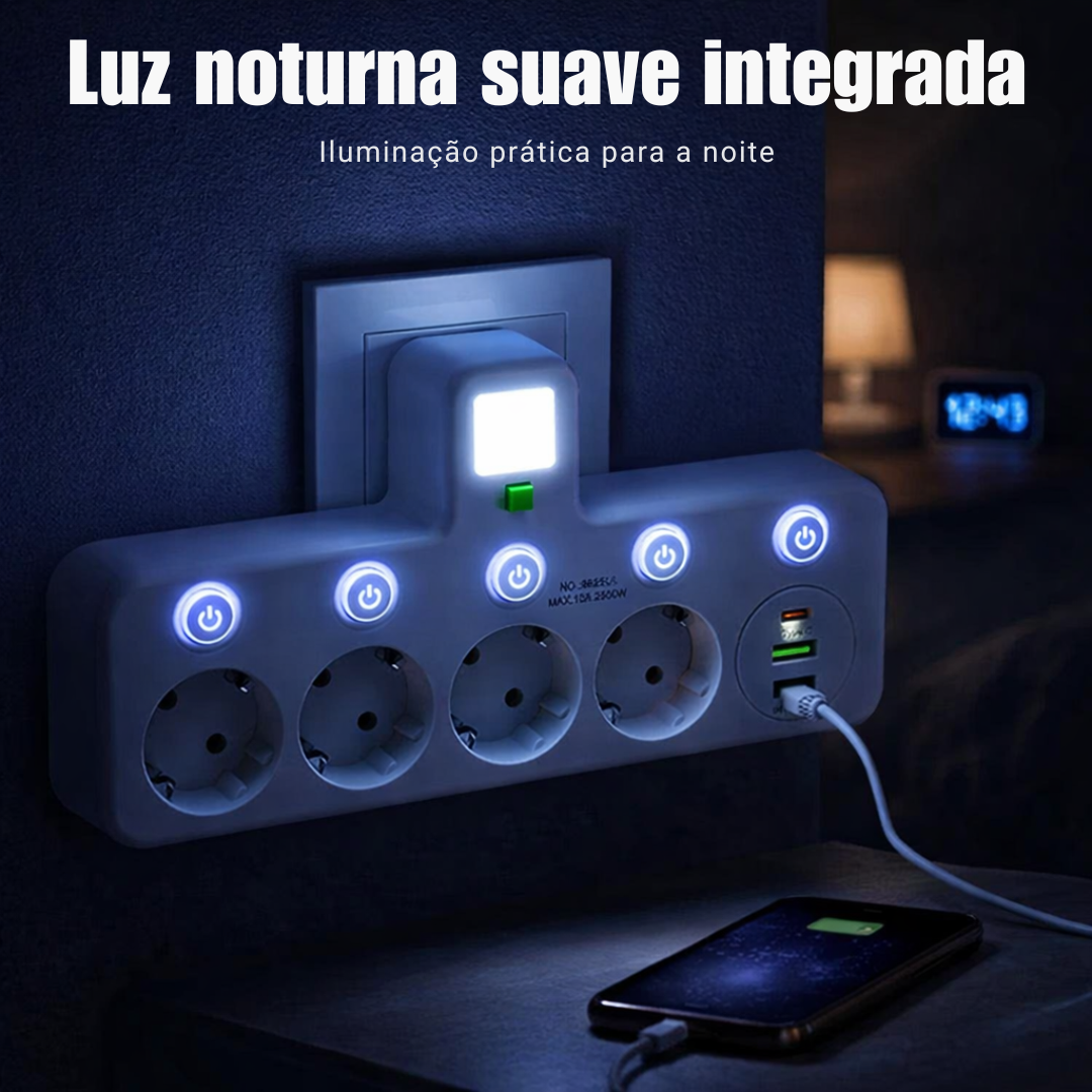 Tomada múltipla com interruptores independentes e luz de presença.