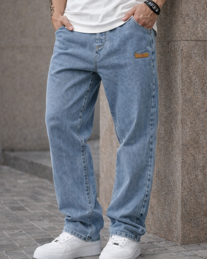 Calça de ganga comprida com cintura ajustável para homem 