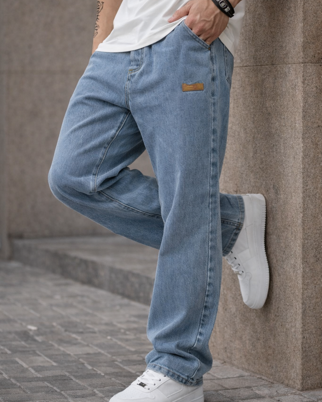 Calça de ganga comprida com cintura ajustável para homem 
