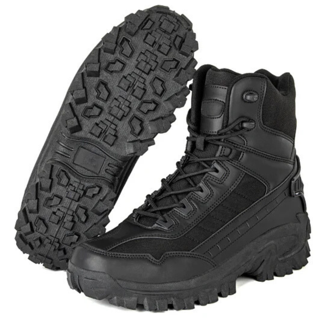 Botas táticas de alto desempenho com design robusto e sola exterior antiderrapante para homem. 