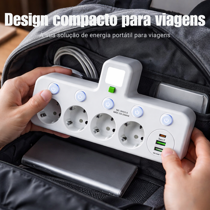 Tomada múltipla com interruptores independentes e luz de presença.