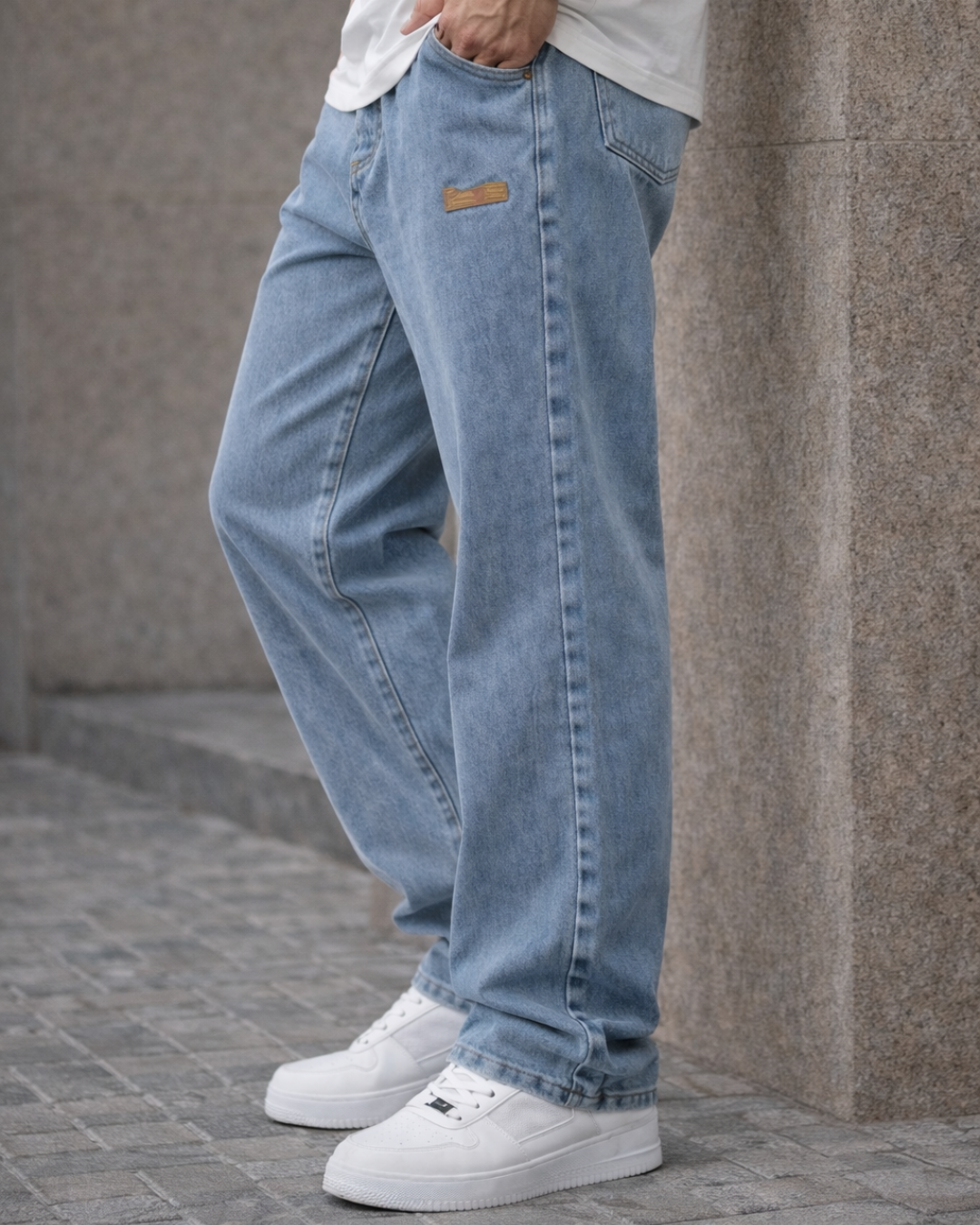 Calça de ganga comprida com cintura ajustável para homem 