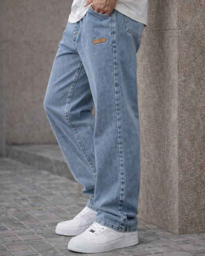 Calça de ganga comprida com cintura ajustável para homem 