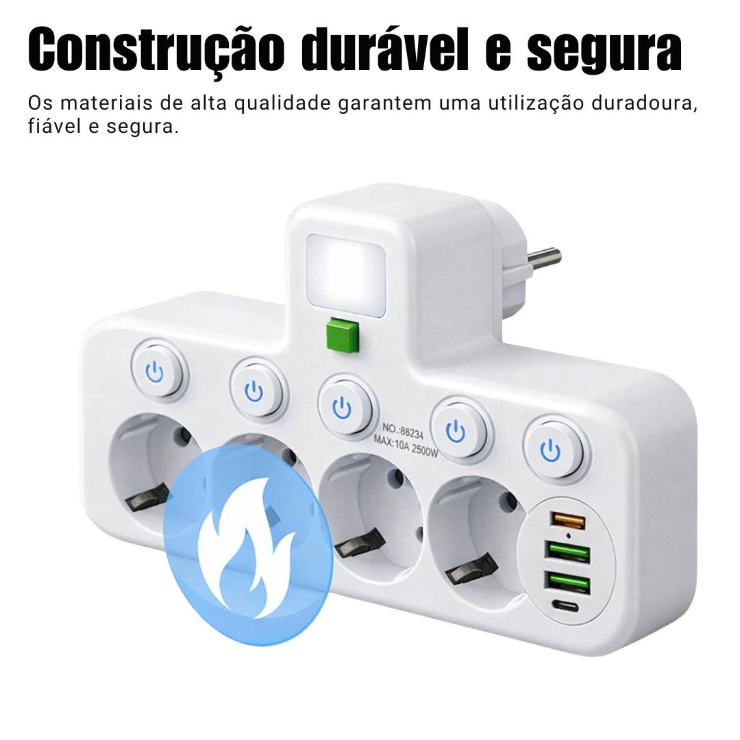 Tomada múltipla com interruptores independentes e luz de presença.