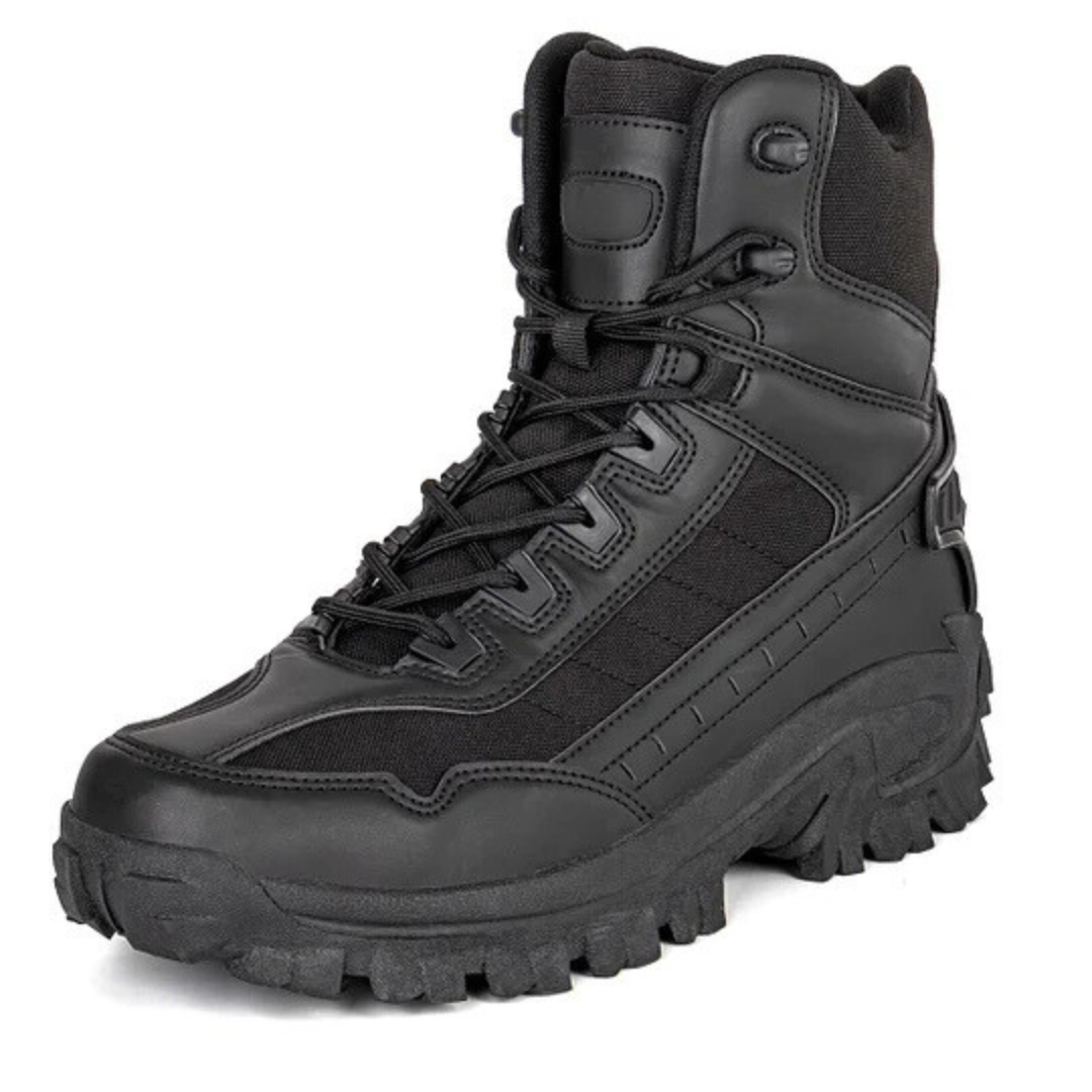 Botas táticas de alto desempenho com design robusto e sola exterior antiderrapante para homem. 