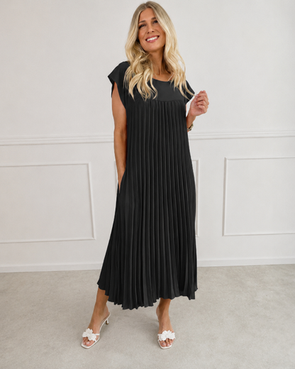 Vestido comprido plissado com mangas franzidas