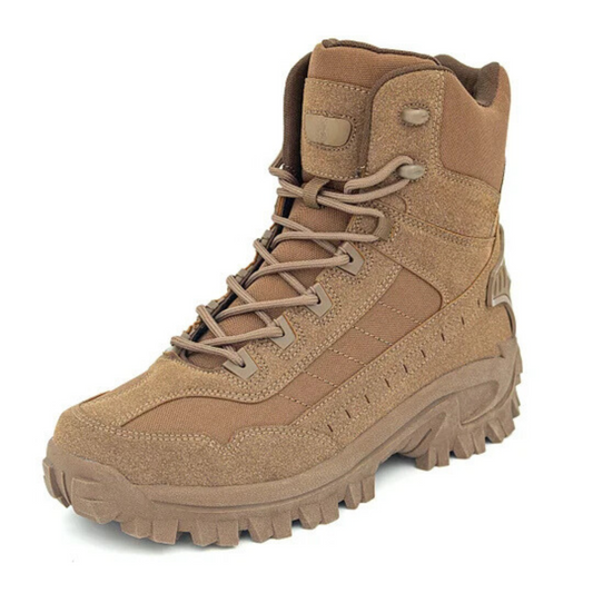 Botas táticas de alto desempenho com design robusto e sola exterior antiderrapante para homem. 