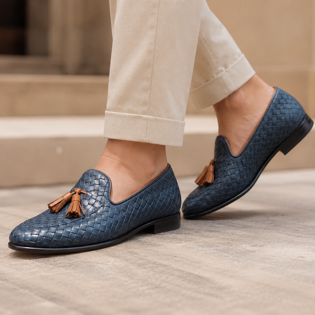 Mocassins elegantes em pele trançada