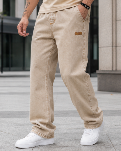 Calça de ganga comprida com cintura ajustável para homem 
