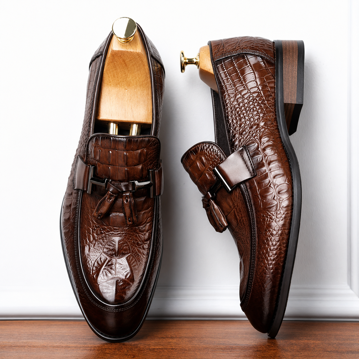 Sapatos ergonómicos em pele com design texturizado para uso doméstico. 
